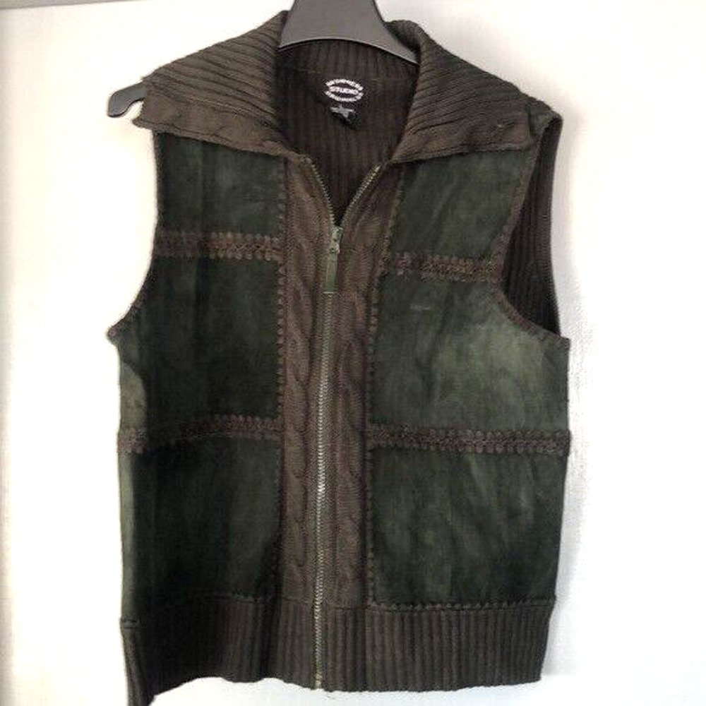 Designers Studio Originals Forest Green Leather Cable Knit Vest Y2K Zip front L